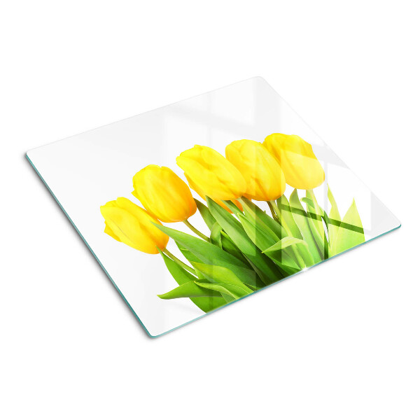 Steklena podloga za rezanje Rumeni tulipani na zelenem ozadju