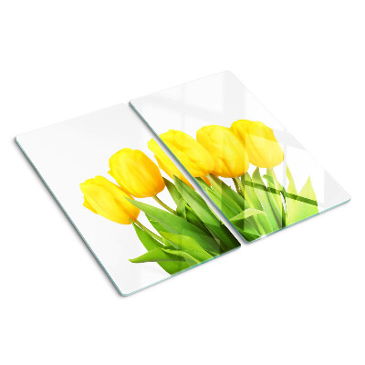 Steklena podloga za rezanje Rumeni tulipani na zelenem ozadju