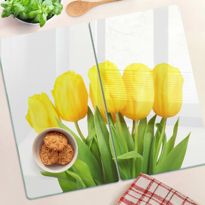 Steklena podloga za rezanje Rumeni tulipani na zelenem ozadju