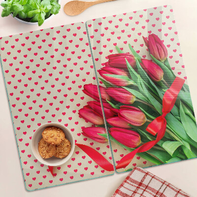 Steklena podloga za rezanje Tulipani s srčki in trakom