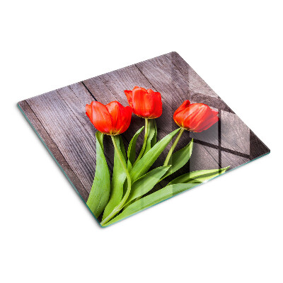 Steklena podloga za rezanje Tulipani na lesenem ozadju