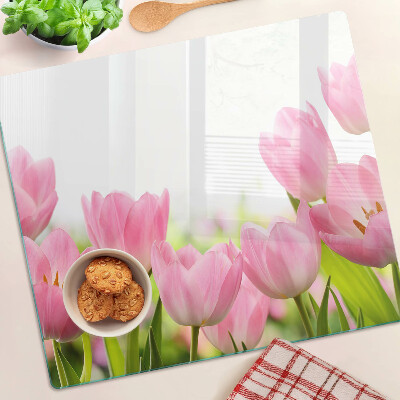 Steklena podloga za rezanje Rožnati tulipani na vrtu
