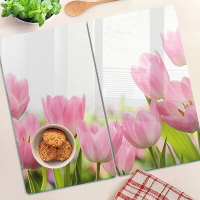 Steklena podloga za rezanje Rožnati tulipani na vrtu