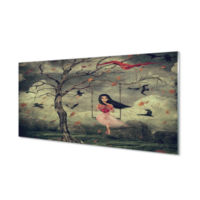 Slika na akrilnem steklu Drevo ptice oblaki dekle skala