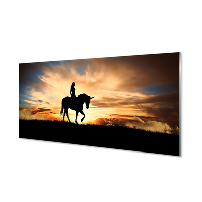 Slika na akrilnem steklu Ženska na unicorn sončnem zahodu