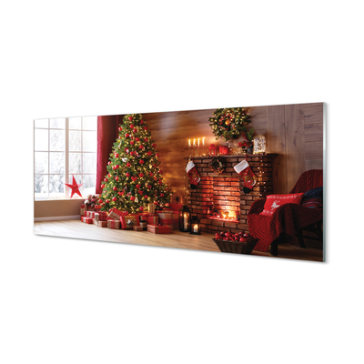 Slika na akrilnem steklu Božično drevo dekoracijo darila kamin