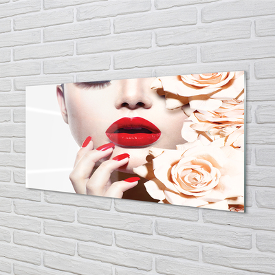 Slika na akrilnem steklu Vrtnice rdeče ustnice ženska