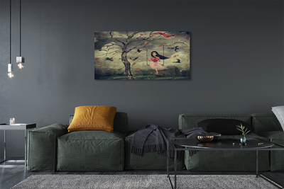 Slika na platnu Drevo ptice oblaki dekle skala