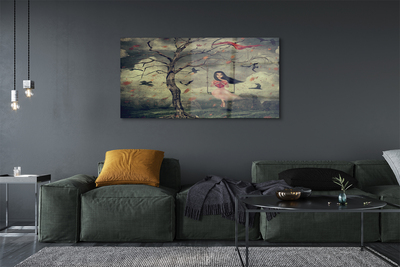 Steklena slika Drevo ptice oblaki dekle skala