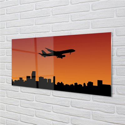 Slika na steklu Plane in sončni zahod nebo