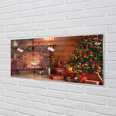 Steklena slika Božično drevo dekoracijo darila kamin