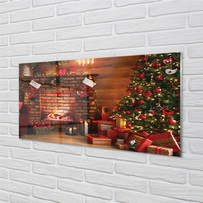 Steklena slika Božično drevo dekoracijo darila kamin