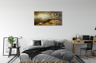 Steklena slika Dragon gorskih oblaki zlato