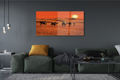 Slika na steklu Kamele ljudje puščavsko sonce nebo
