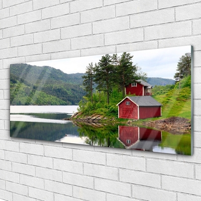 Steklena slika Mountain house lake landscape