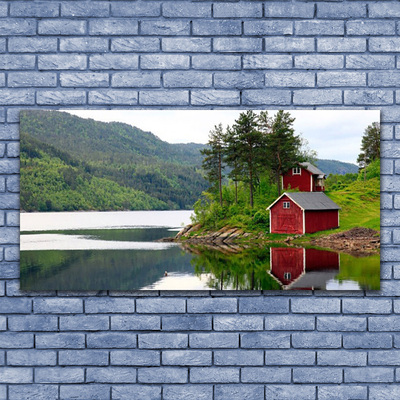 Steklena slika Mountain house lake landscape