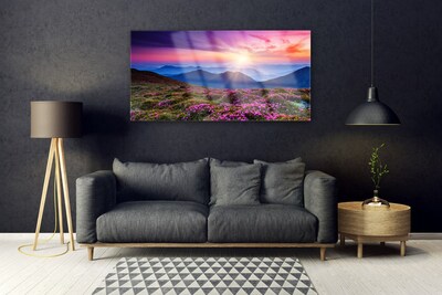 Slika na steklu Sun mountain travnik landscape