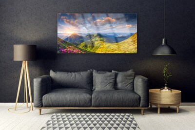 Slika na steklu Sun mountain travnik landscape
