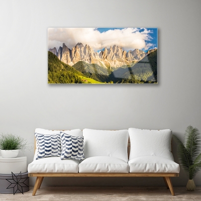 Slika na steklu Vrhovi gore oblaki gozd travnik
