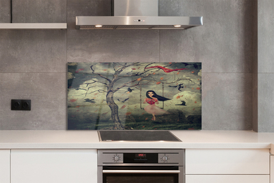 Stenska plošča za kuhinjo Drevo ptice oblaki dekle skala