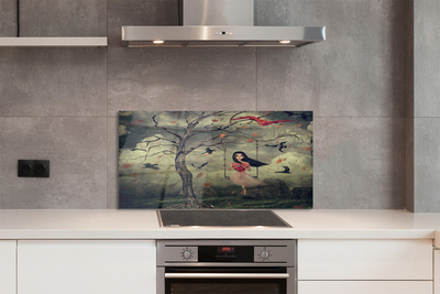 Stenska plošča za kuhinjo Drevo ptice oblaki dekle skala