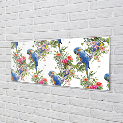 Stenska plošča za kuhinjo Ptice na veji s cvetovi