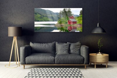 Slika na akrilnem steklu Mountain house lake landscape