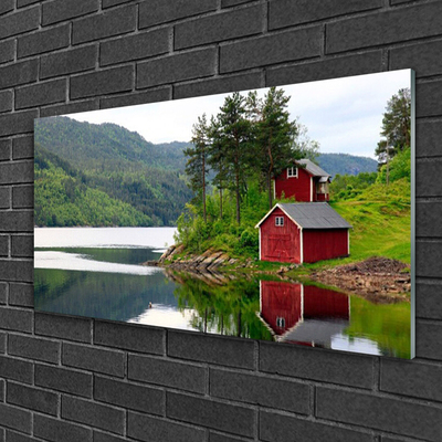 Slika na akrilnem steklu Mountain house lake landscape