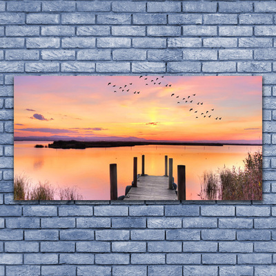 Slika na akrilnem steklu Pier sunset lake
