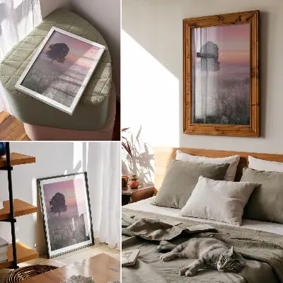 Stenski plakat osamljeno drevo v megli s pastelnim nebom
