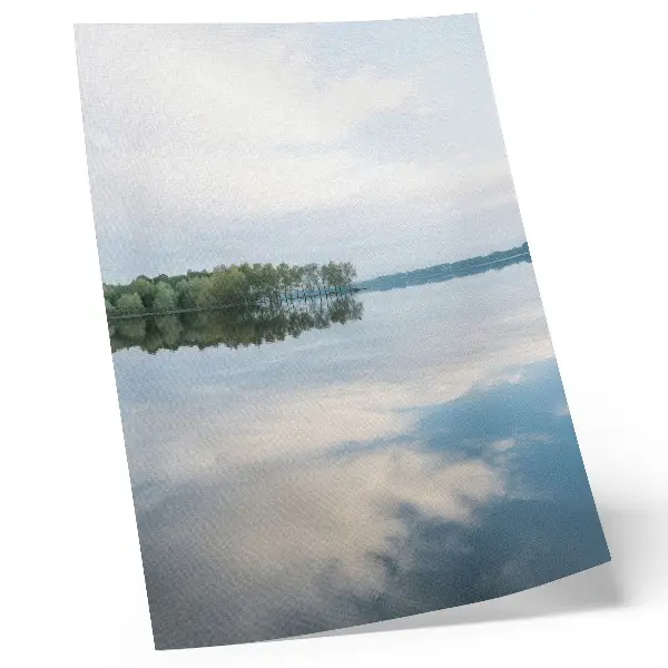 Plakat mirna voda z odsevom dreves in neba v naravi