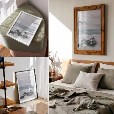 Stenski plakat Gorski vrhovi v megli z motivom miru in elegance