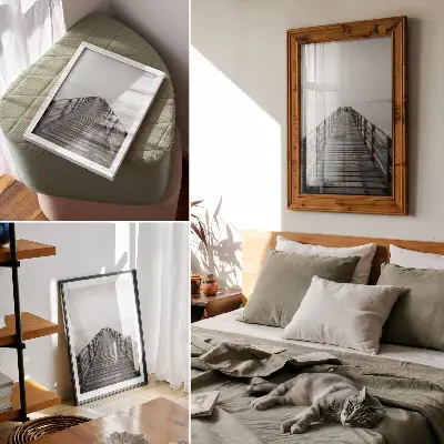 Premium stenski plakat črno-bela minimalistična pokrajina pomola z mirno vodo