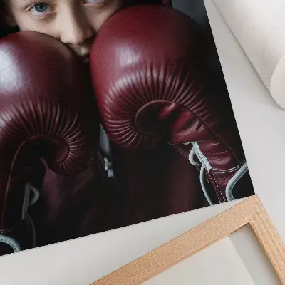 Plakat otrok v bordo jopiču z boksarskimi rokavicami v minimalističnem slogu