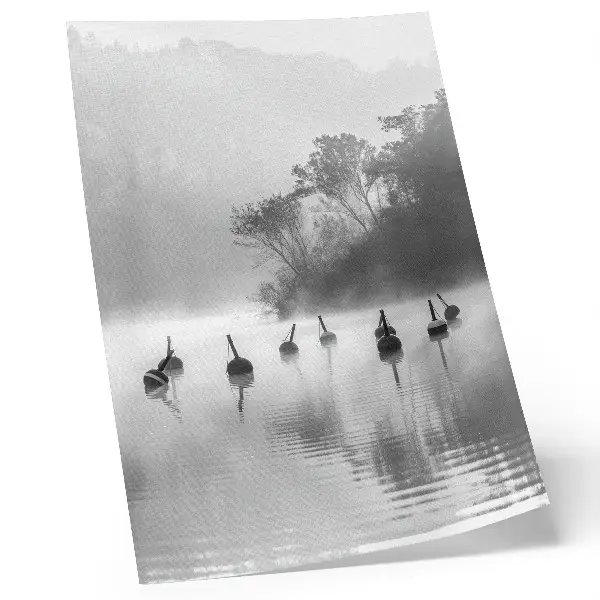 Stenski plakat črno-bela pokrajina z gorami in meglo