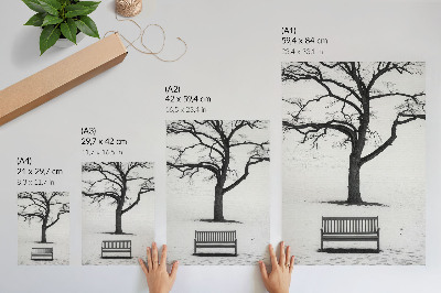 Plakat Minimalistična pokrajina z drevesom in klopjo