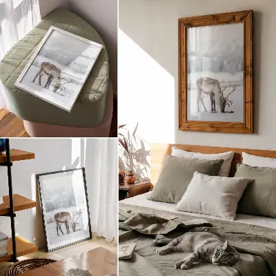 Plakat severni jeleni v snegu, ki izžarevajo naravo, mir in eleganco