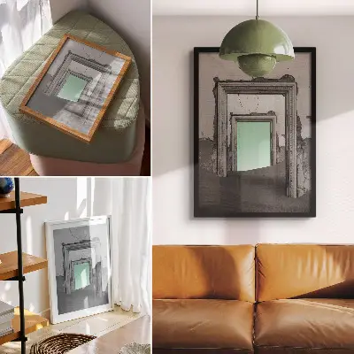 Umetniški tisk na platno nadrealistična zelena puščava z zapuščenimi stavbami