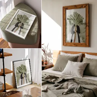 Eleganten plakat za dnevno sobo skrivnost narave z motivom lista in figure