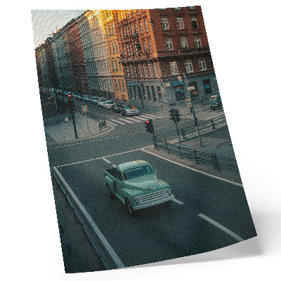 Premium stenski plakat Stanovanjske hiše retro avtomobil sončni zahod vzdušje