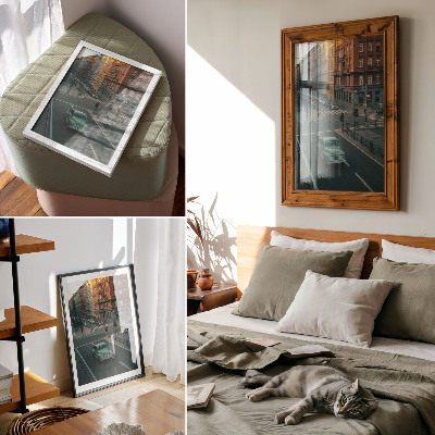 Premium stenski plakat Stanovanjske hiše retro avtomobil sončni zahod vzdušje