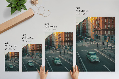 Premium stenski plakat Stanovanjske hiše retro avtomobil sončni zahod vzdušje