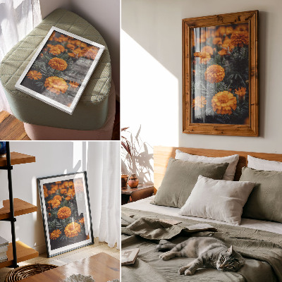 Eleganten plakat za dnevno sobo Oranžni cvetovi zeleni listi klasični