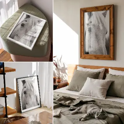 Stenski plakat črno-bela fotografija konjskih oči