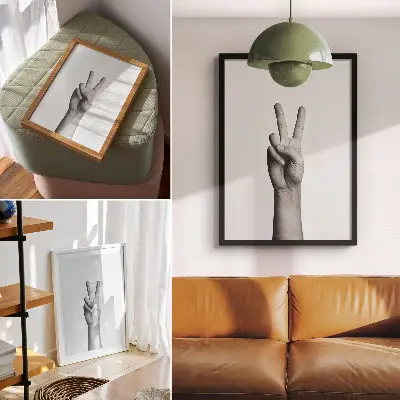 Eleganten plakat za dnevno sobo črno-bela gesta miru v minimalističnem elegantnem slogu