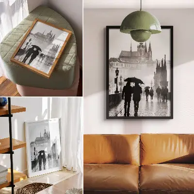 Premium stenski plakat sprehod v dežju s parom pred zgodovinsko arhitekturo