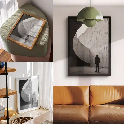 Eleganten plakat za dnevno sobo ukrivljena arhitektura v enobarvnih tonih