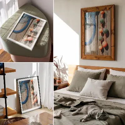 Plakat barvite barve z leseno steno in morskimi poudarki