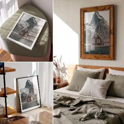 Premium stenski plakat gorska pokrajina z leseno hišo in zasneženimi vrhovi