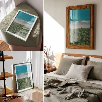 Eleganten plakat za dnevno sobo z motivom turkizne plaže, valov in palm za harmonijo in mir